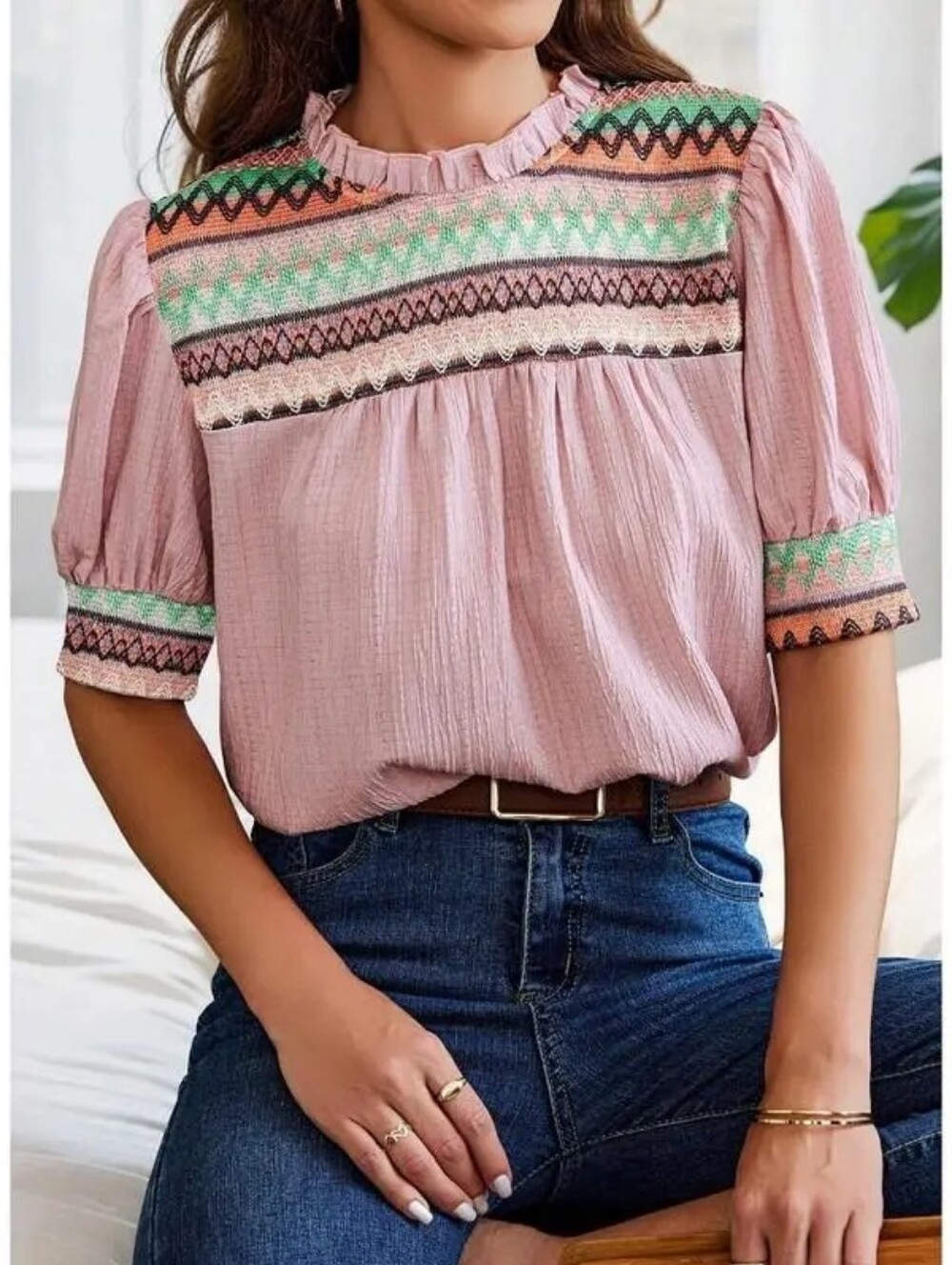 SHEIN Light Pink Embroidered Yoke Short Sleeve Top Size Large